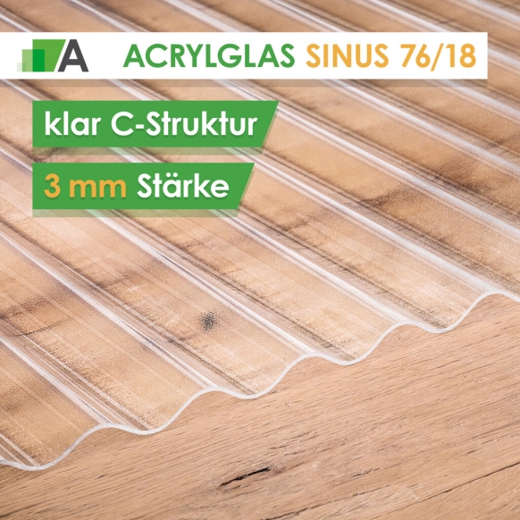 Acrylglas Wellplatten Sinus 76/18 - klar C-Struktur - 3 mm stark - 1045 mm Breit